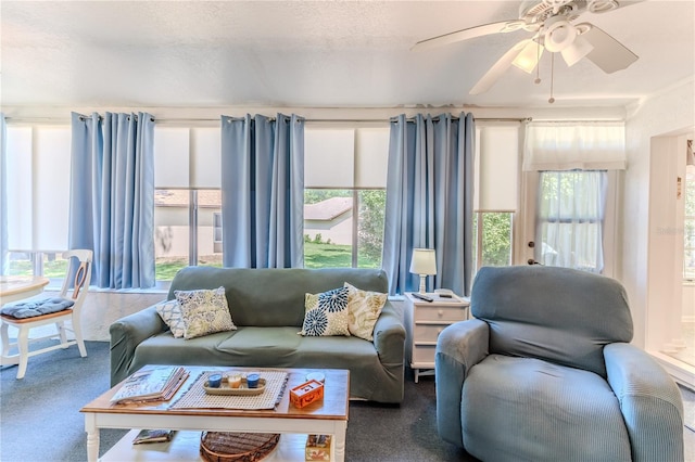 carpeted living room featuring ceiling fan and a textured ceiling