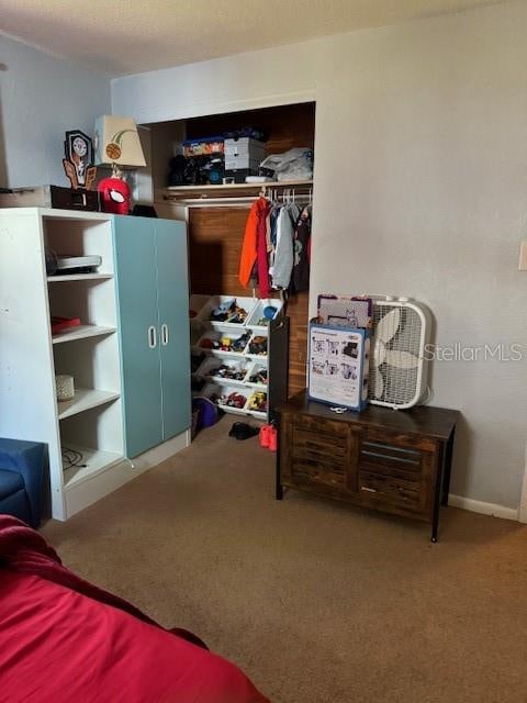 bedroom with carpet flooring and a closet