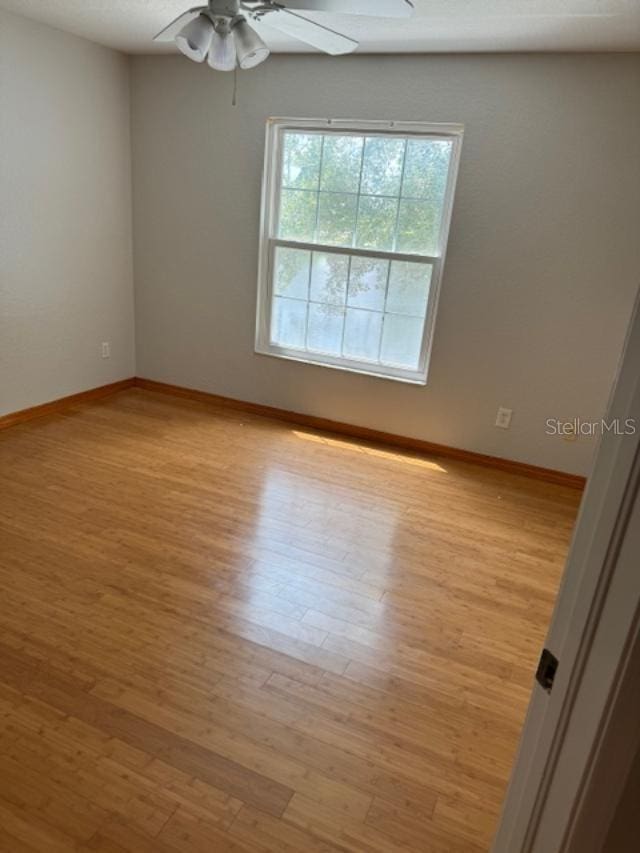 empty room featuring ceiling fan and light hardwood / wood-style floors