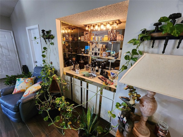 bar with hardwood / wood-style floors and a textured ceiling