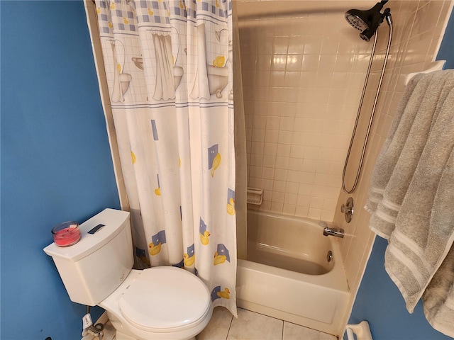 bathroom featuring shower / bathtub combination with curtain, toilet, and tile floors