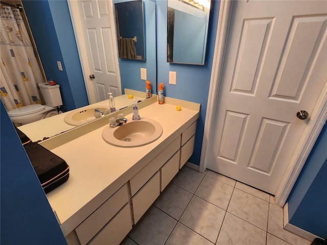 bathroom featuring vanity, toilet, and tile floors