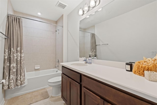 full bathroom with tile floors, shower / bathtub combination with curtain, toilet, and large vanity