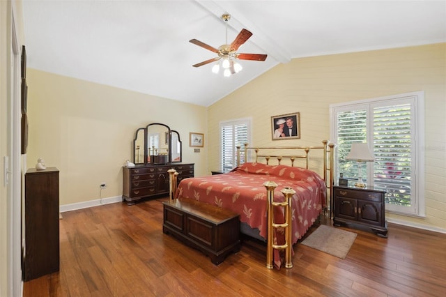 bedroom with lofted ceiling with beams, ceiling fan, and dark wood-type flooring