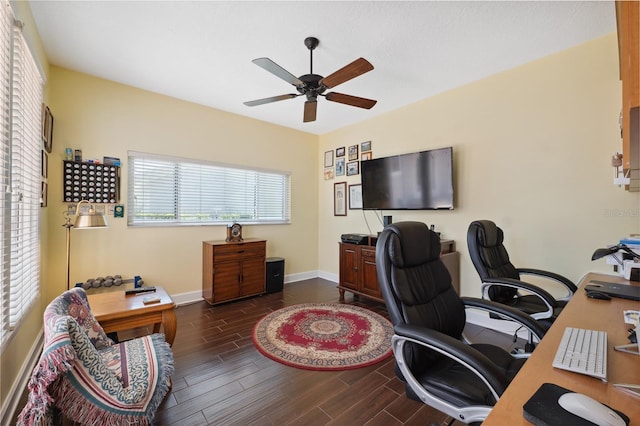 office area featuring ceiling fan and dark hardwood / wood-style flooring