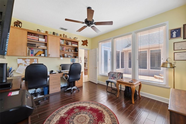 office area featuring ceiling fan and dark hardwood / wood-style flooring