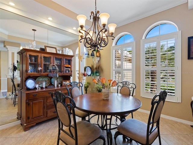 dining space featuring light tile patterned floors, crown molding, and an inviting chandelier