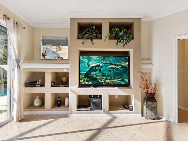 tiled living room with built in features and ornamental molding