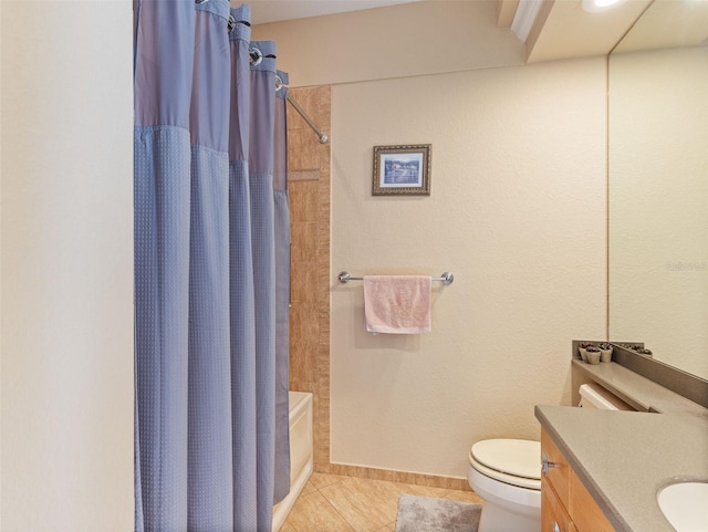 full bathroom featuring tile patterned flooring, shower / tub combo, vanity, and toilet