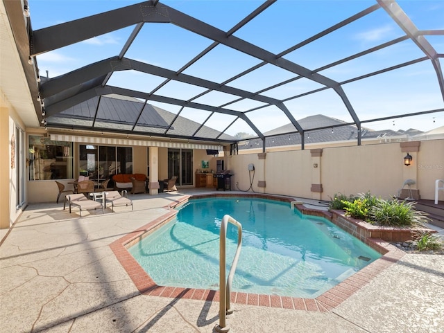 view of pool featuring an outdoor living space, a patio, glass enclosure, and a grill