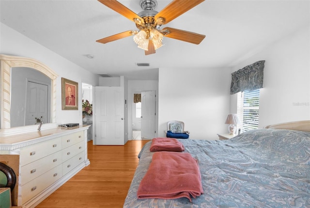 bedroom featuring ceiling fan and light wood-type flooring