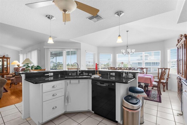 kitchen with sink, black dishwasher, an island with sink, decorative light fixtures, and white cabinets