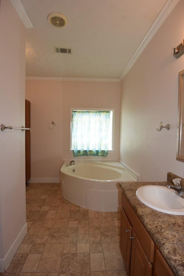 bathroom featuring a washtub, vanity, and crown molding