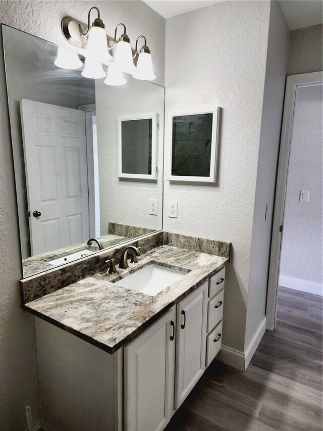 bathroom with hardwood / wood-style floors and vanity