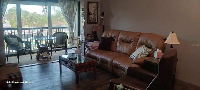 living room with dark hardwood / wood-style flooring