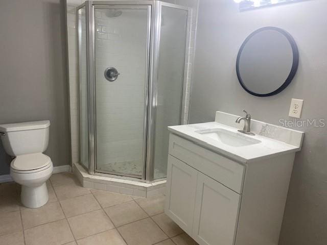 bathroom with walk in shower, tile patterned flooring, vanity, and toilet