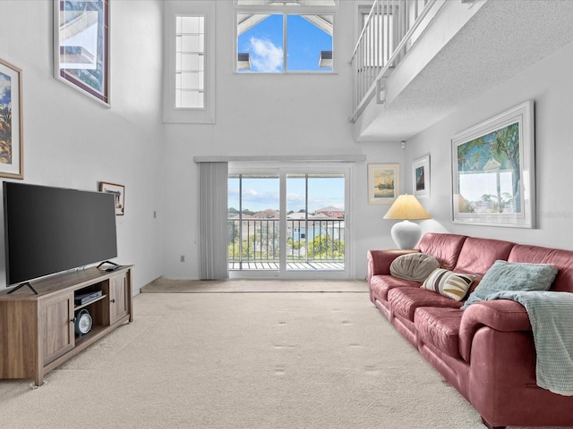 living room with a high ceiling and light colored carpet