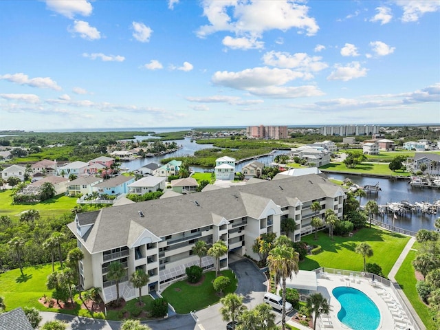 drone / aerial view featuring a water view