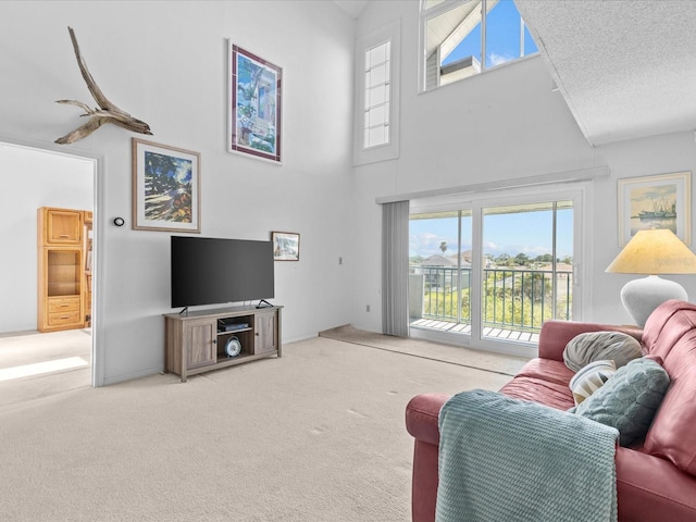 carpeted living area featuring a textured ceiling and a high ceiling