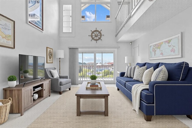 carpeted living area with a high ceiling