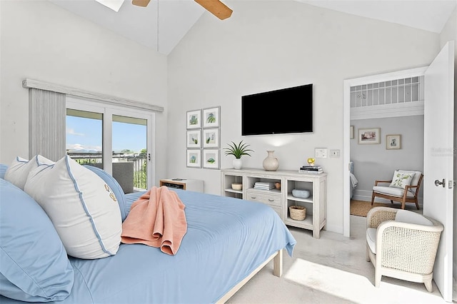 bedroom with high vaulted ceiling, light colored carpet, a ceiling fan, baseboards, and access to exterior