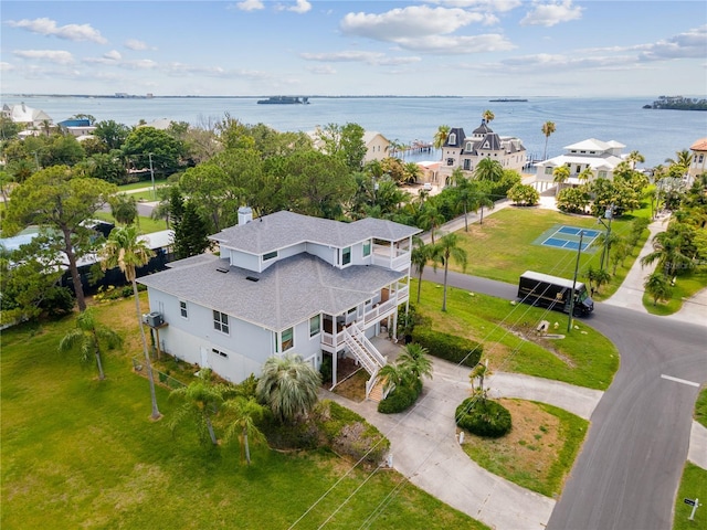 aerial view featuring a water view