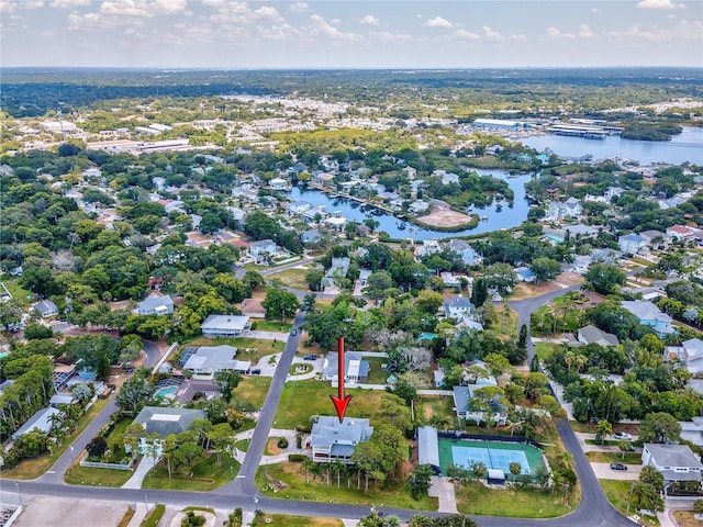 drone / aerial view with a water view