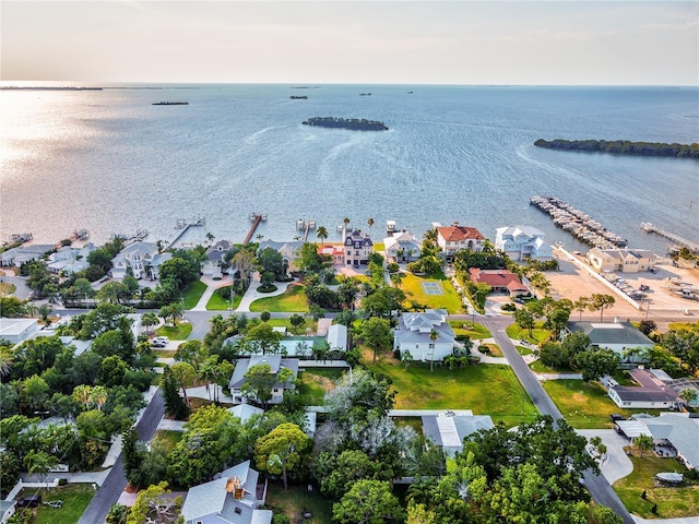 bird's eye view with a water view