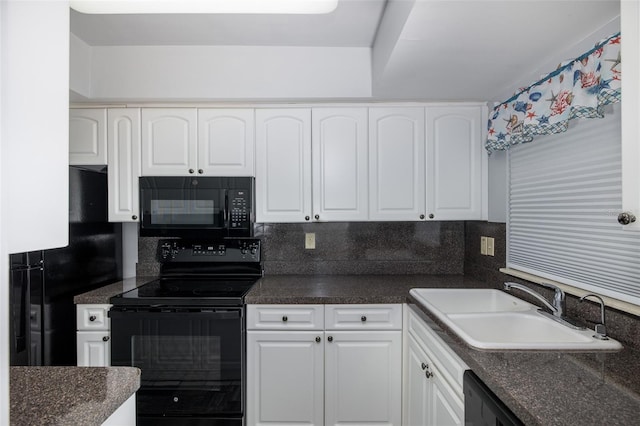 kitchen featuring backsplash, white cabinets, sink, and black appliances