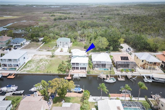 aerial view featuring a water view