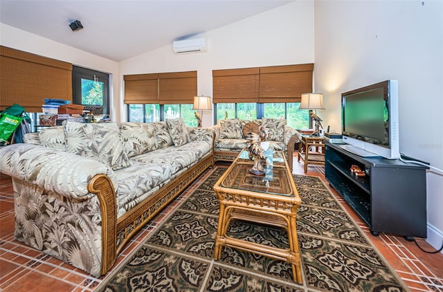 living room with tile patterned floors, lofted ceiling, and a wall unit AC