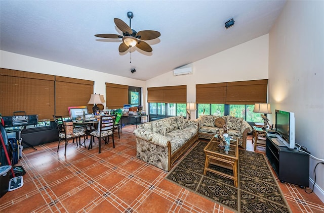 living room with ceiling fan, high vaulted ceiling, and a wall mounted air conditioner