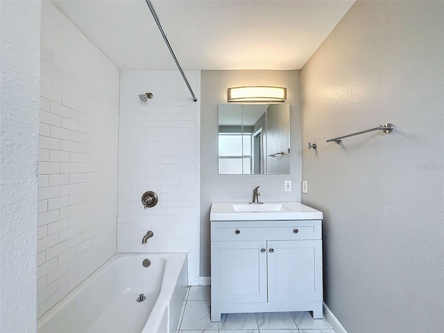 bathroom with tile patterned flooring, vanity, and tiled shower / bath combo