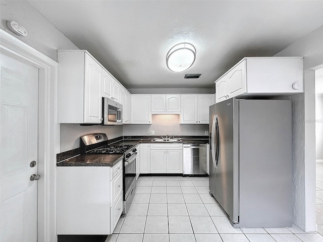 kitchen featuring dark countertops, a sink, white cabinets, stainless steel appliances, and light tile patterned flooring