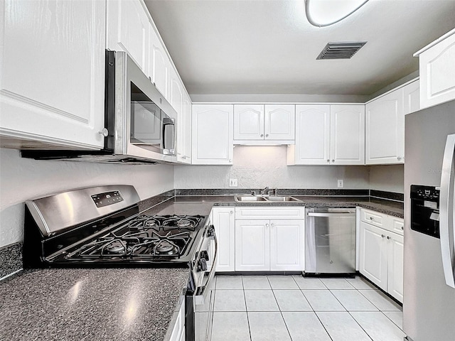 kitchen with visible vents, dark countertops, a sink, stainless steel appliances, and white cabinetry
