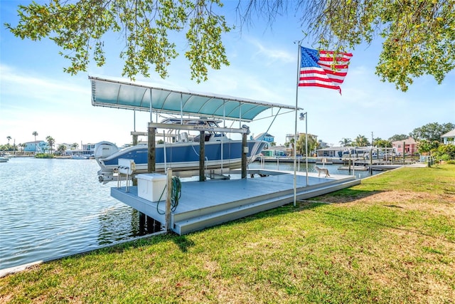 dock area with a yard and a water view