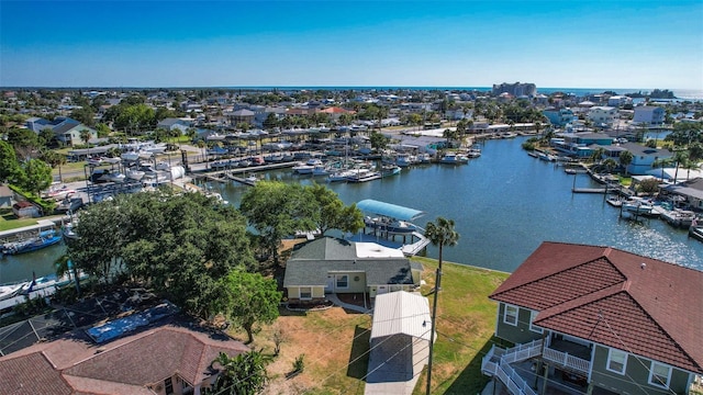 aerial view featuring a water view