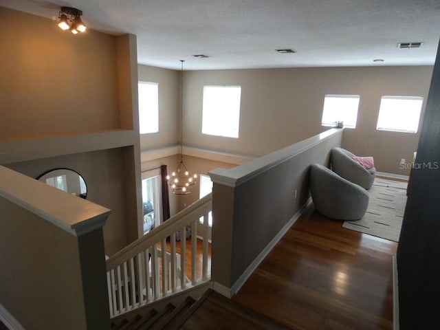 hallway with a chandelier and dark hardwood / wood-style floors