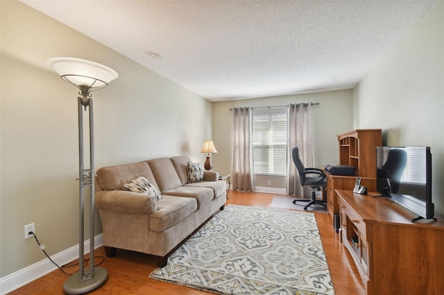 living room featuring a textured ceiling and hardwood / wood-style floors