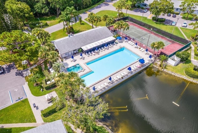 drone / aerial view featuring a water view