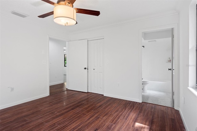 unfurnished bedroom with connected bathroom, ceiling fan, a closet, and ornamental molding