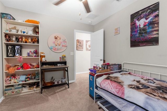 bedroom featuring ceiling fan and light carpet