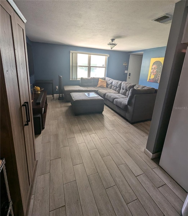 living room with a textured ceiling and light hardwood / wood-style flooring