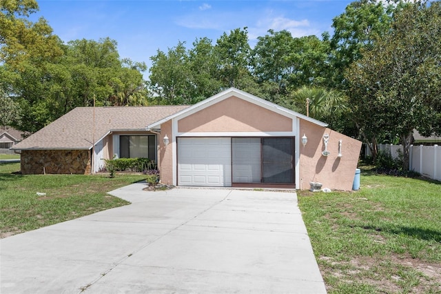 ranch-style house with a front yard and a garage