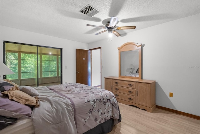 bedroom featuring access to exterior, ceiling fan, a textured ceiling, and light wood-type flooring