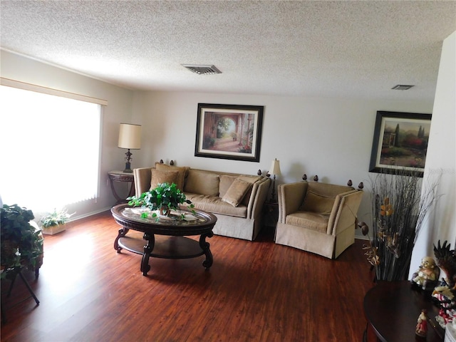 living room featuring hardwood / wood-style flooring and a textured ceiling