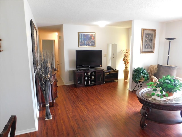 living room featuring a textured ceiling and dark hardwood / wood-style flooring