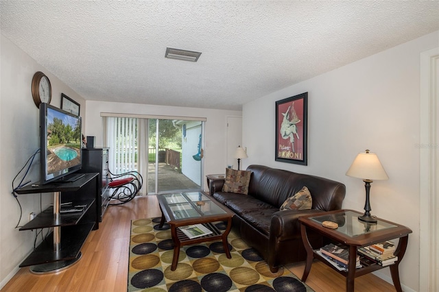 living room featuring a textured ceiling and wood-type flooring