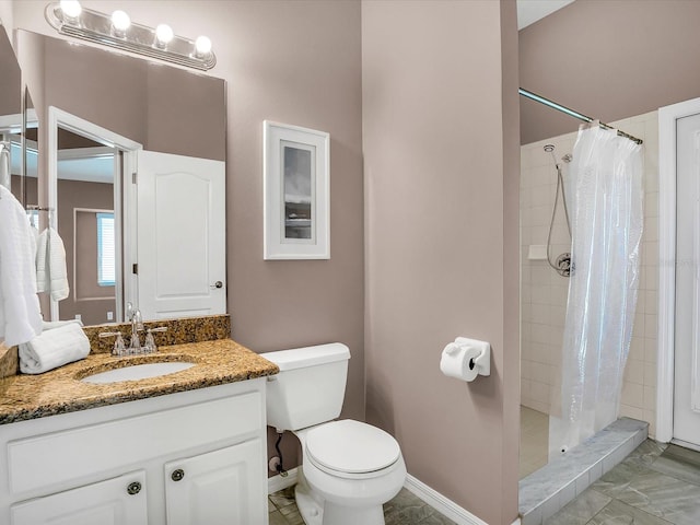 bathroom featuring vanity, tile patterned flooring, toilet, and a shower with curtain