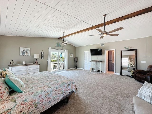 bedroom featuring ceiling fan, access to exterior, lofted ceiling with beams, and light carpet